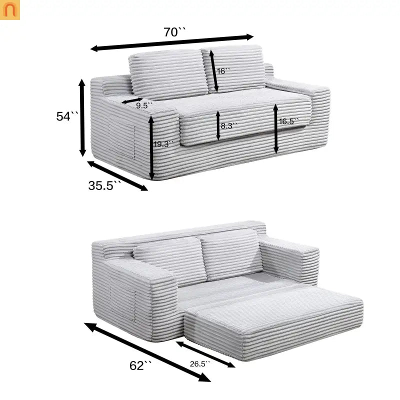 Sofa Bed Convertible Corduroy Gray 2-Seat Floor Bed 70in No Assembly
