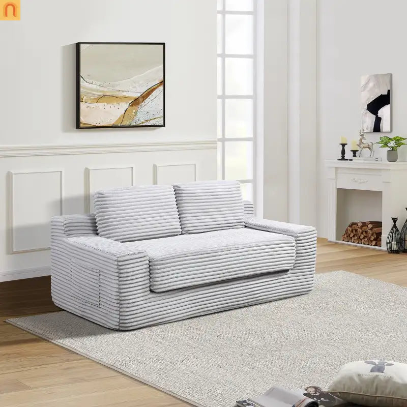 Sofa Bed Convertible Corduroy Gray 2-Seat Floor Bed 70in No Assembly