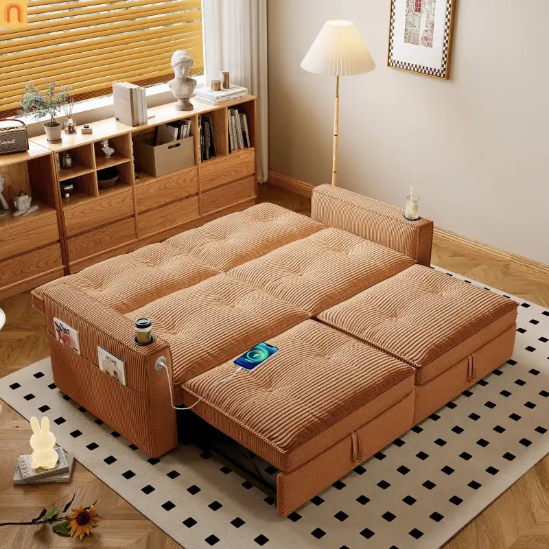 Sofa Convertible Corduroy Orange 73in Steel Frame 600 lb
