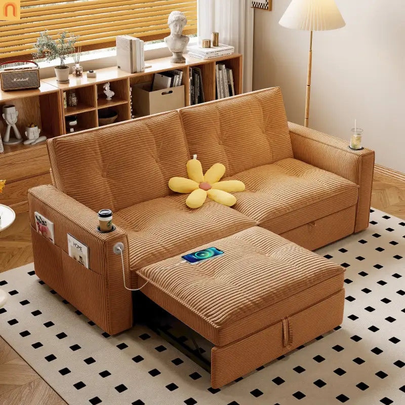 Sofa Convertible Corduroy Orange 73in Steel Frame 600 lb