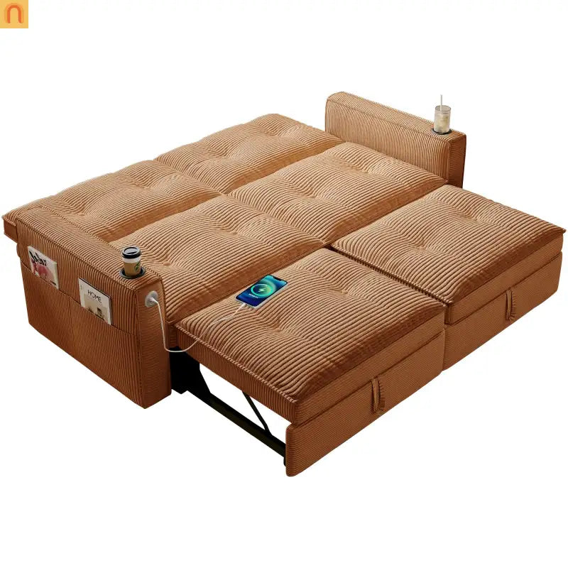 Sofa Convertible Corduroy Orange 73in Steel Frame 600 lb