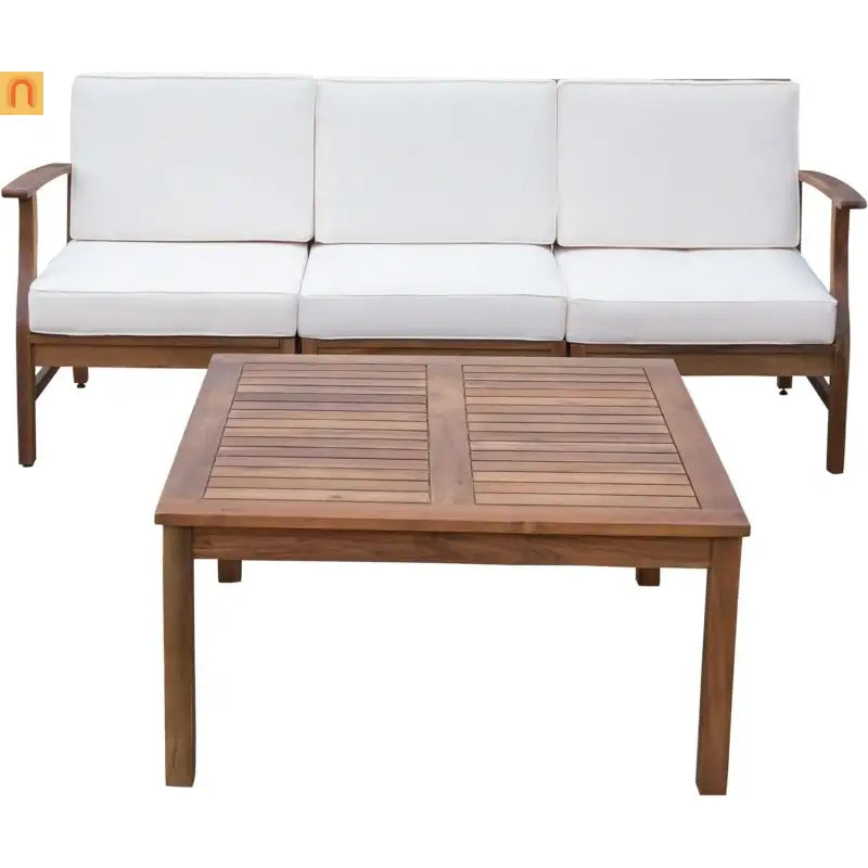 Outdoor Sofa Set Acacia Wood Cream Cushions 3-Seater with Table