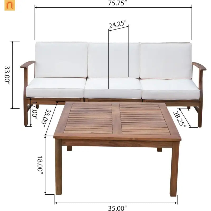 Outdoor Sofa Set Acacia Wood Cream Cushions 3-Seater with Table