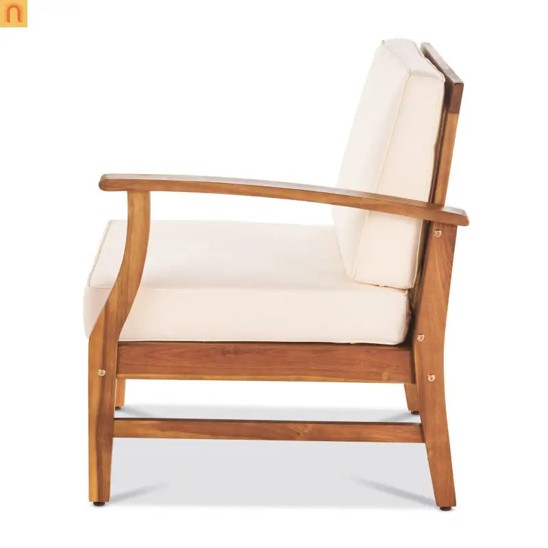 Outdoor Sofa Set Acacia Wood Cream Cushions 3-Seater with Table