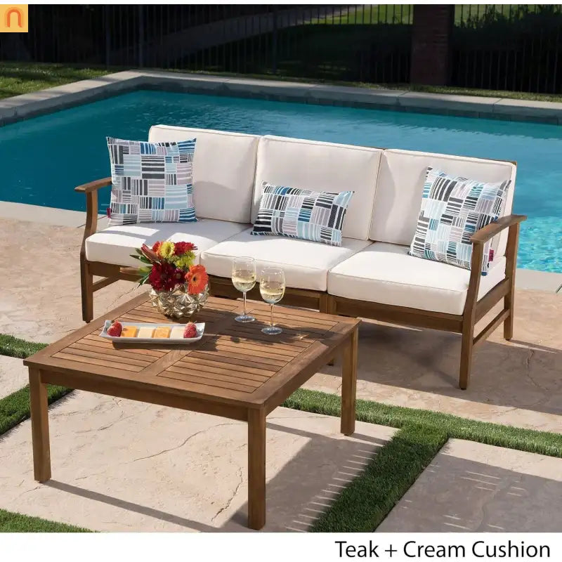 Outdoor Sofa Set Acacia Wood Cream Cushions 3-Seater with Table