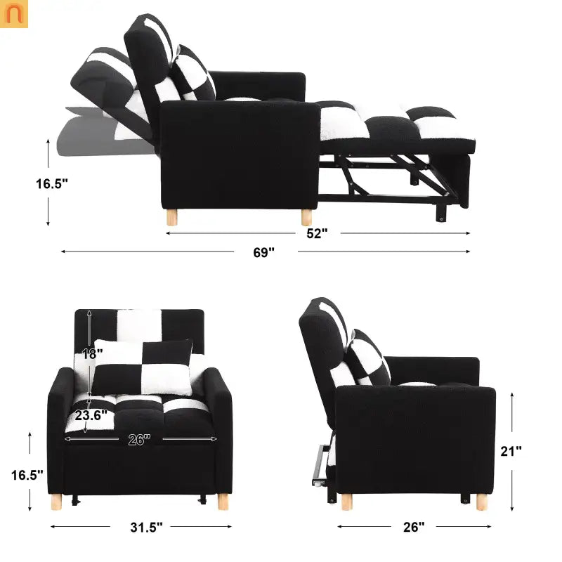 Sleeper Chair Convertible 3-in-1 Teddy Fabric Black Adjustable Backrest 330 lb