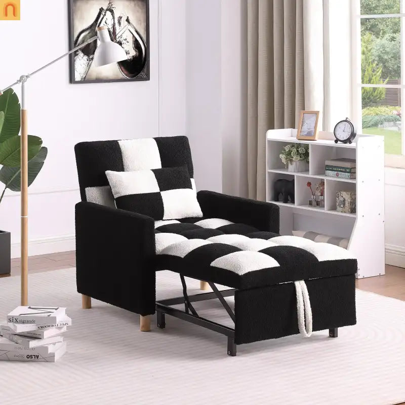 Sleeper Chair Convertible 3-in-1 Teddy Fabric Black Adjustable Backrest 330 lb