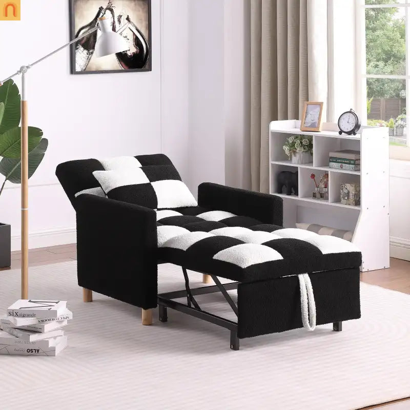 Sleeper Chair Convertible 3-in-1 Teddy Fabric Black Adjustable Backrest 330 lb