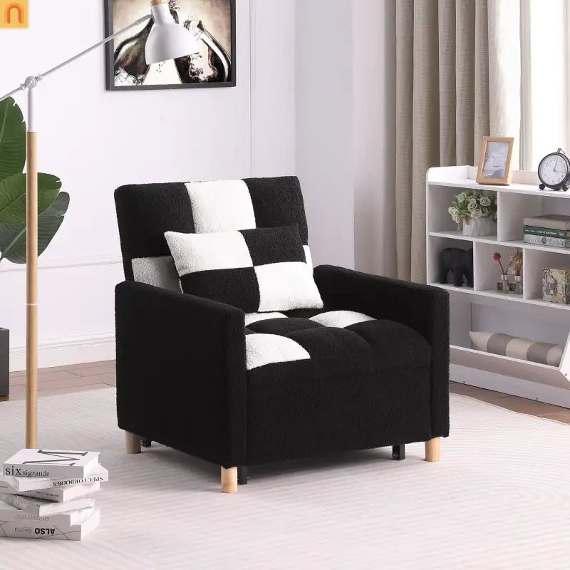 Sleeper Chair Convertible 3-in-1 Teddy Fabric Black Adjustable Backrest 330 lb