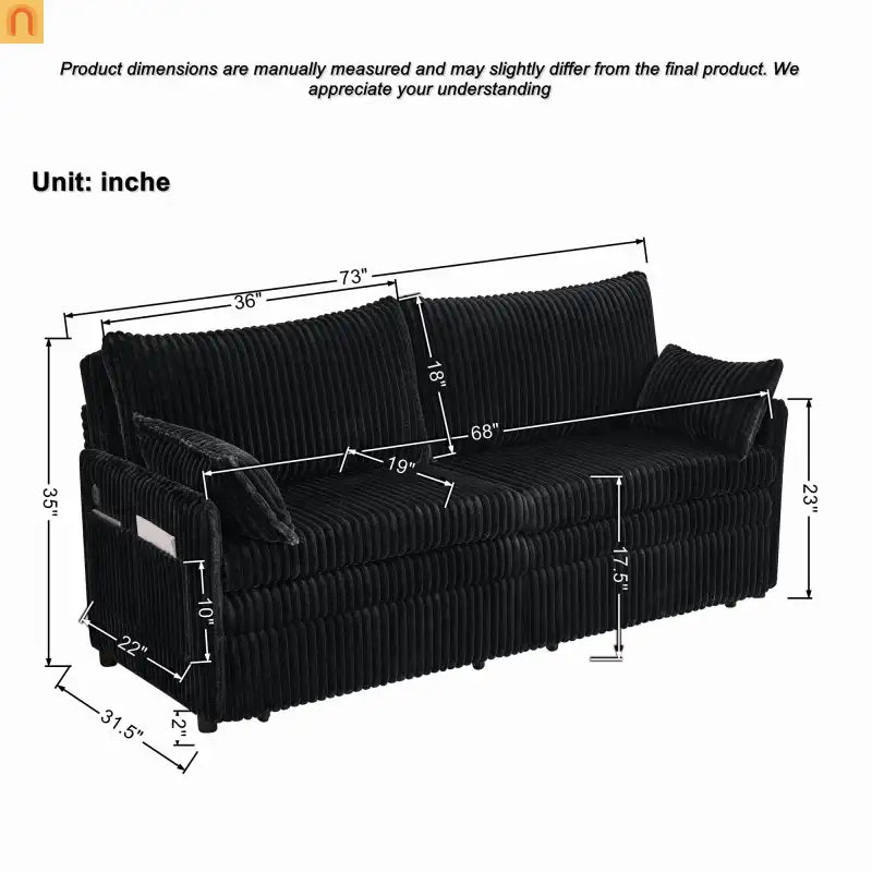 Sofa Convertible Corduroy Black USB 3-in-1 600 lb