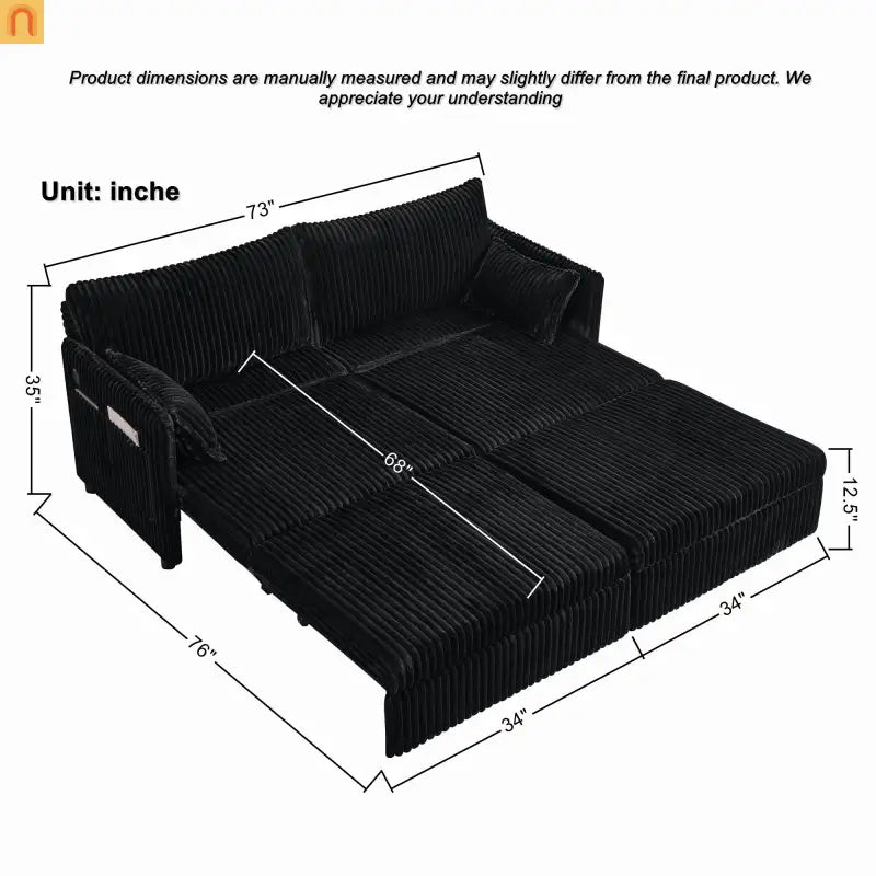 Sofa Convertible Corduroy Black USB 3-in-1 600 lb