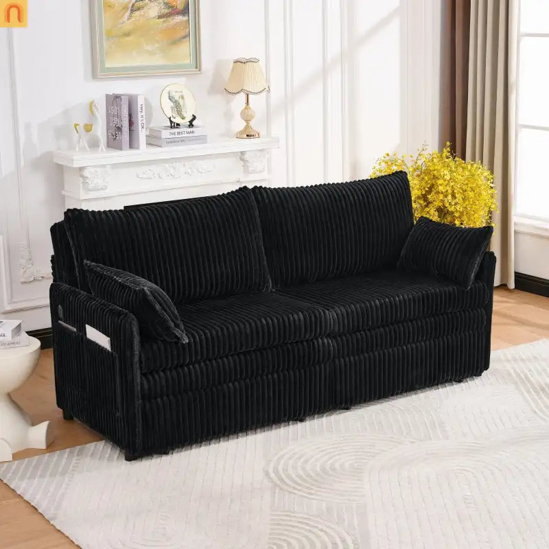 Sofa Convertible Corduroy Black USB 3-in-1 600 lb