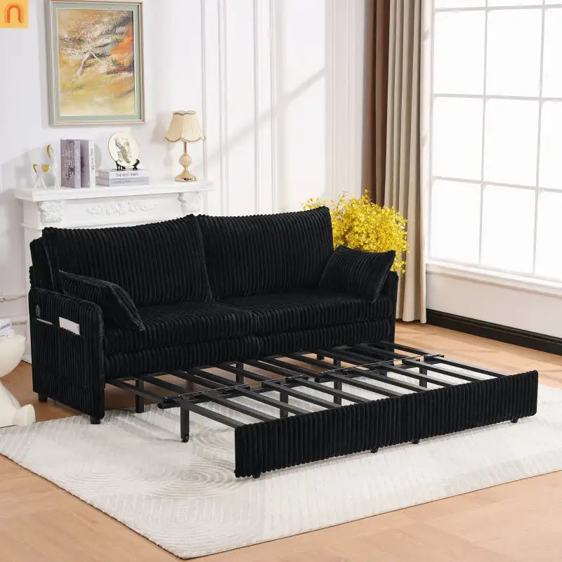Sofa Convertible Corduroy Black USB 3-in-1 600 lb