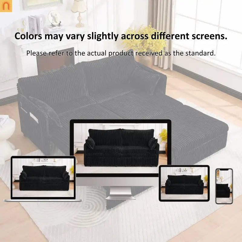 Sofa Convertible Corduroy Black USB 3-in-1 600 lb