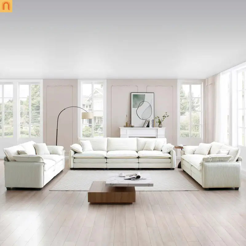 Sofa Set Deep Seat Corduroy Beige 7-Seat 3-Piece Retro Style