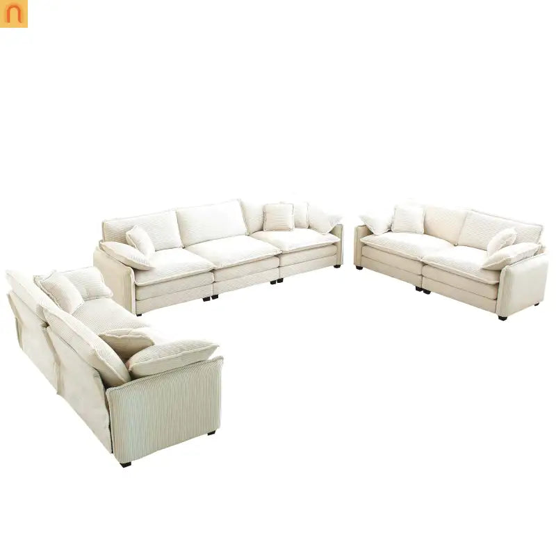 Sofa Set Deep Seat Corduroy Beige 7-Seat 3-Piece Retro Style