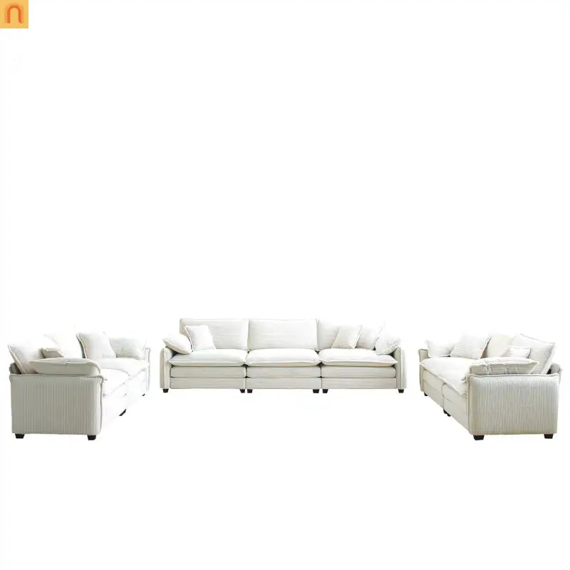 Sofa Set Deep Seat Corduroy Beige 7-Seat 3-Piece Retro Style