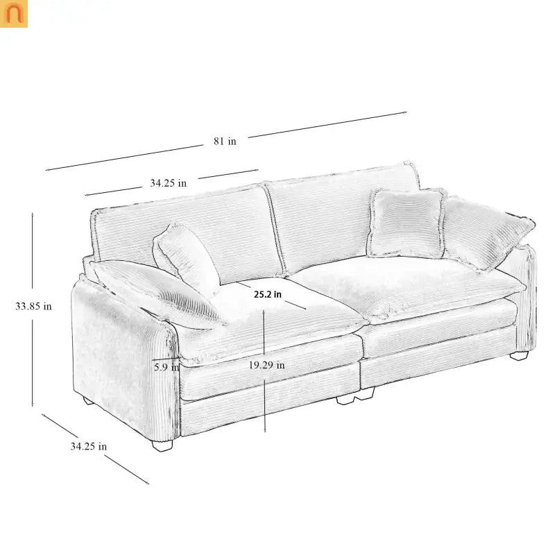 Sofa Set Deep Seat Corduroy Beige 7-Seat 3-Piece Retro Style
