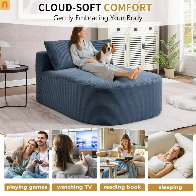 Chaise Lounge Corduroy Blue Oversized 375 lb No Assembly