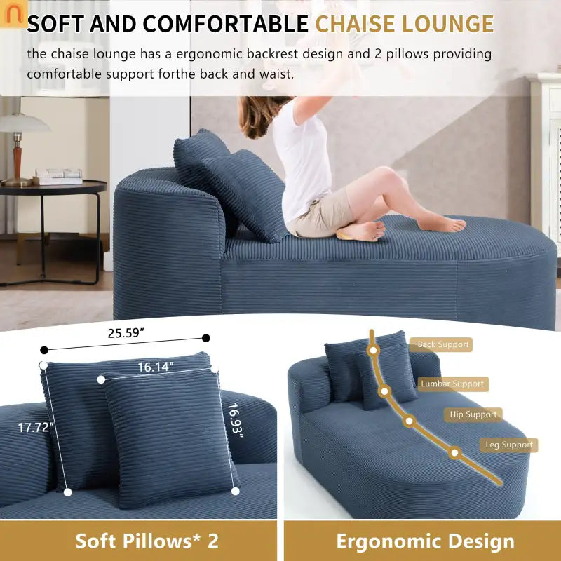 Chaise Lounge Corduroy Blue Oversized 375 lb No Assembly