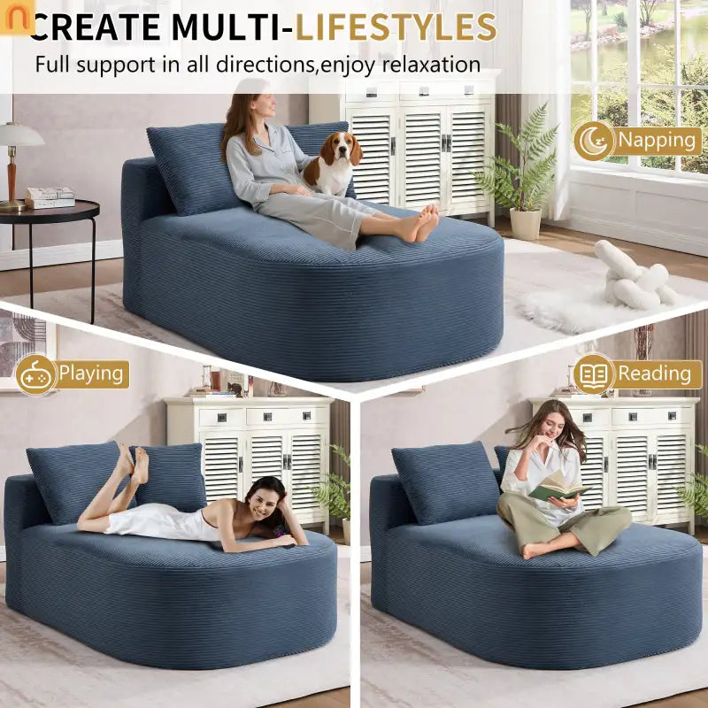 Chaise Lounge Corduroy Blue Oversized 375 lb No Assembly
