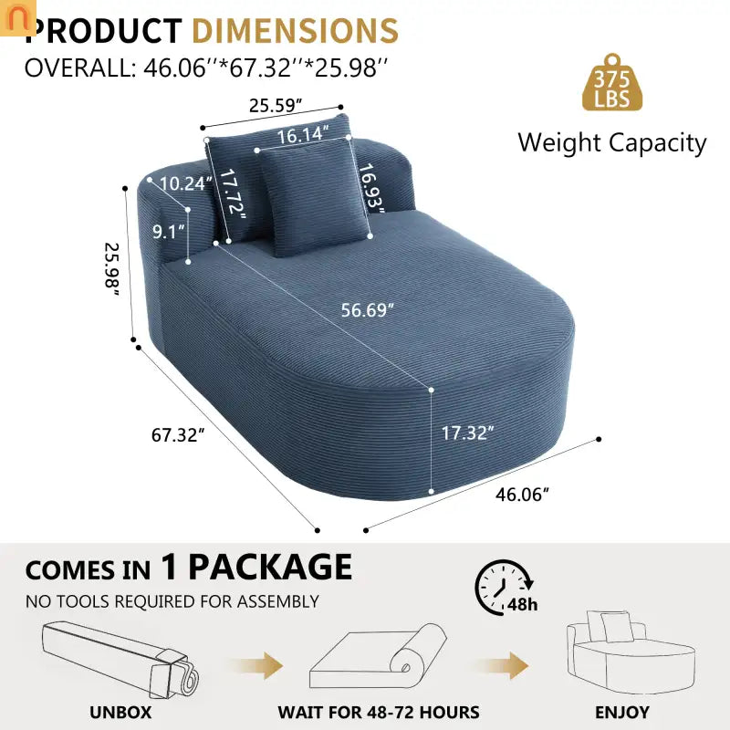 Chaise Lounge Corduroy Blue Oversized 375 lb No Assembly