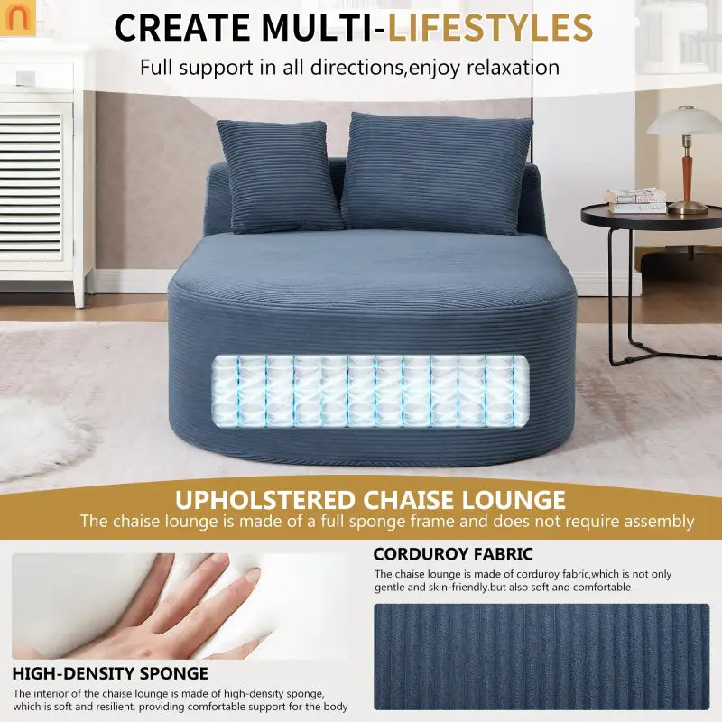 Chaise Lounge Corduroy Blue Oversized 375 lb No Assembly