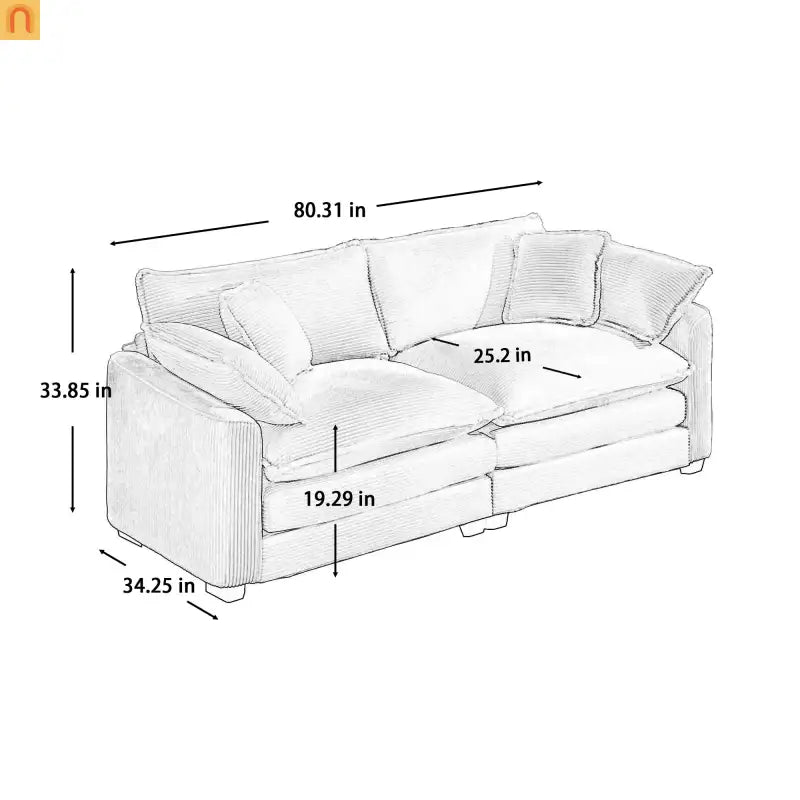 Sofa Set Corduroy Tan Deep Seat 7-Seat 2-Piece Retro Modern