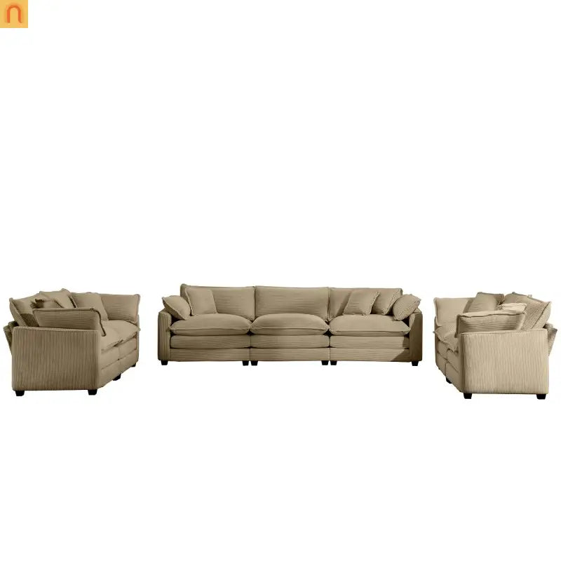 Sofa Set Corduroy Tan Deep Seat 7-Seat 2-Piece Retro Modern