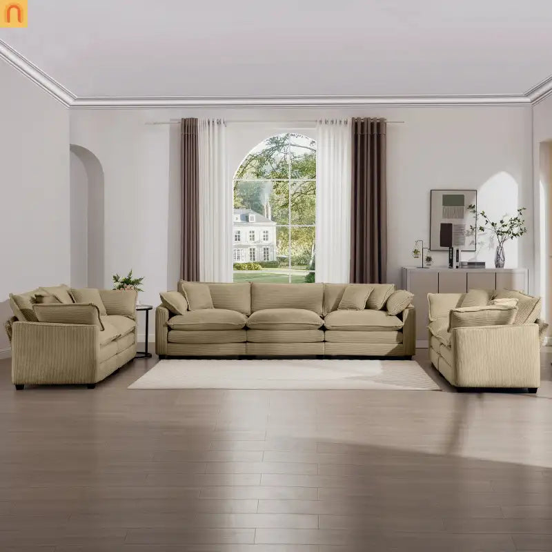 Sofa Set Corduroy Tan Deep Seat 7-Seat 2-Piece Retro Modern