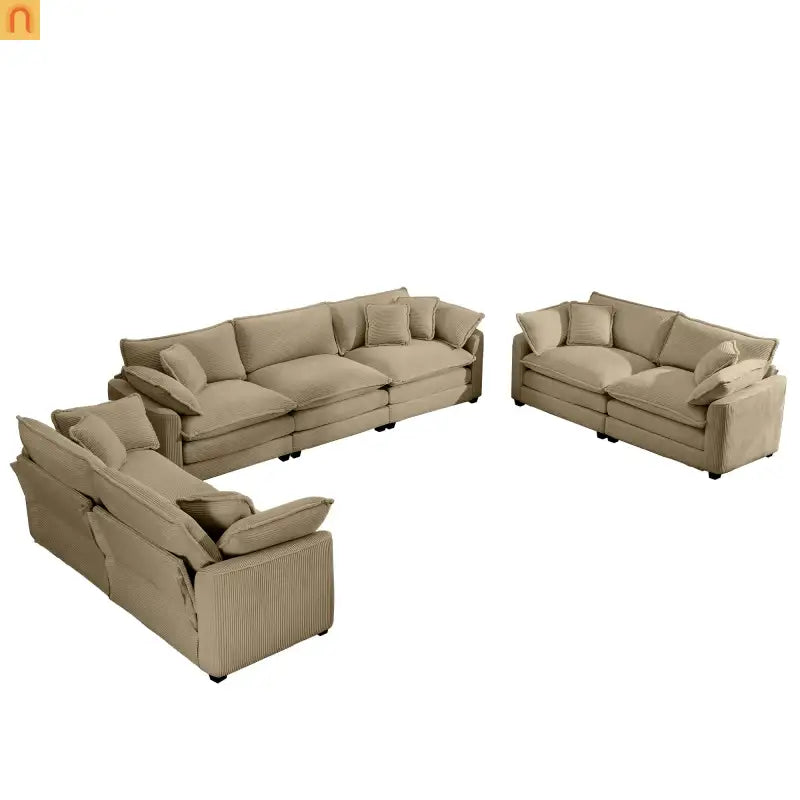 Sofa Set Corduroy Tan Deep Seat 7-Seat 2-Piece Retro Modern