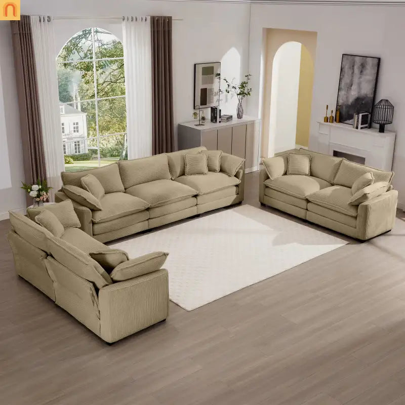 Sofa Set Corduroy Tan Deep Seat 7-Seat 2-Piece Retro Modern