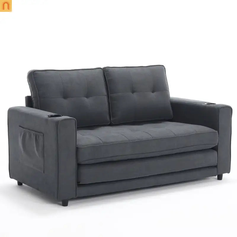 Sofa Bed 3-in-1 Folding Tufted Fabric Dark Gray 55in