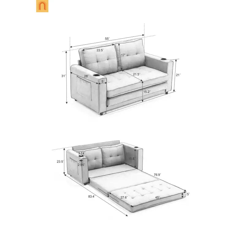 Sofa Bed 3-in-1 Folding Tufted Fabric Dark Gray 55in