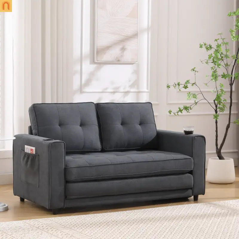 Sofa Bed 3-in-1 Folding Tufted Fabric Dark Gray 55in