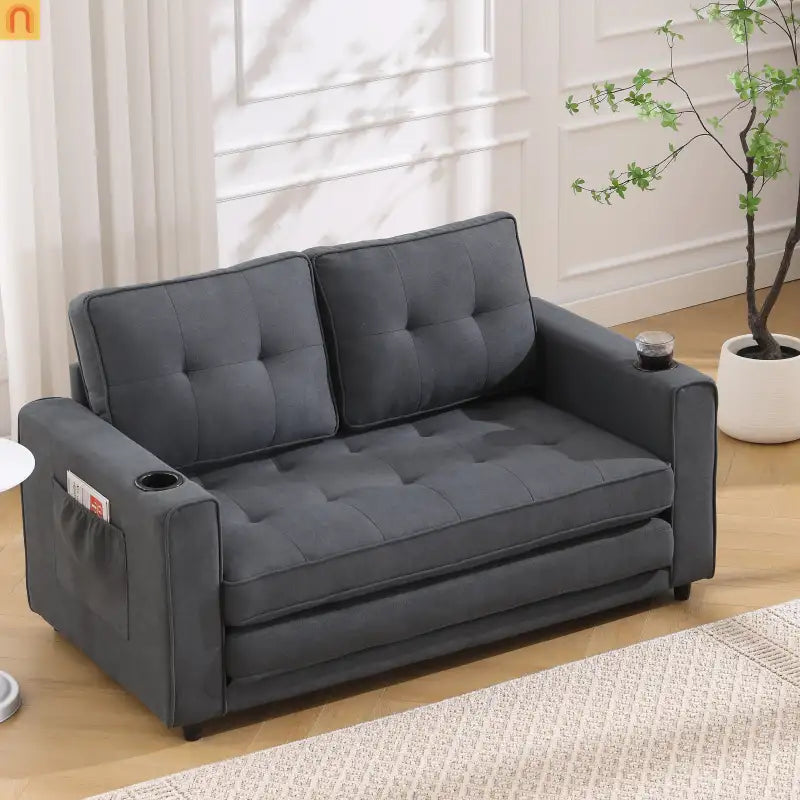 Sofa Bed 3-in-1 Folding Tufted Fabric Dark Gray 55in