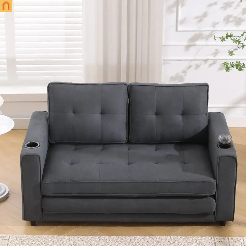 Sofa Bed 3-in-1 Folding Tufted Fabric Dark Gray 55in