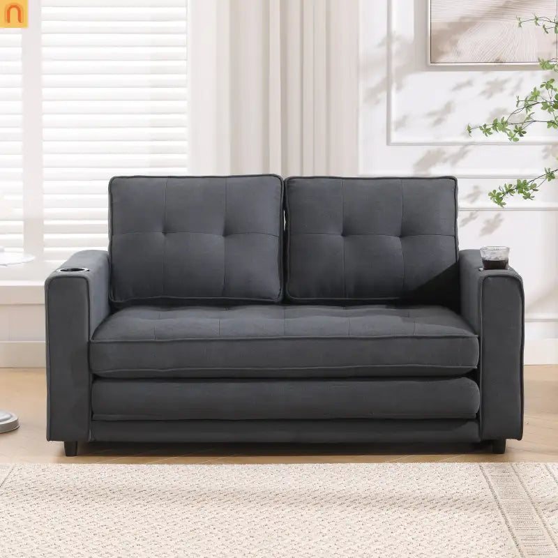 Sofa Bed 3-in-1 Folding Tufted Fabric Dark Gray 55in