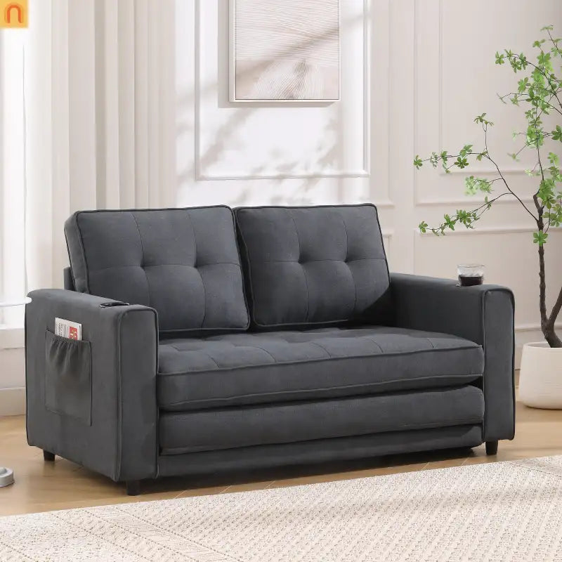 Sofa Bed 3-in-1 Folding Tufted Fabric Dark Gray 55in