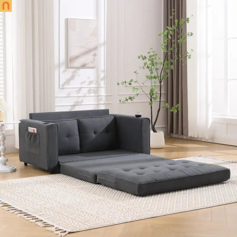 Sofa Bed 3-in-1 Folding Tufted Fabric Dark Gray 55in
