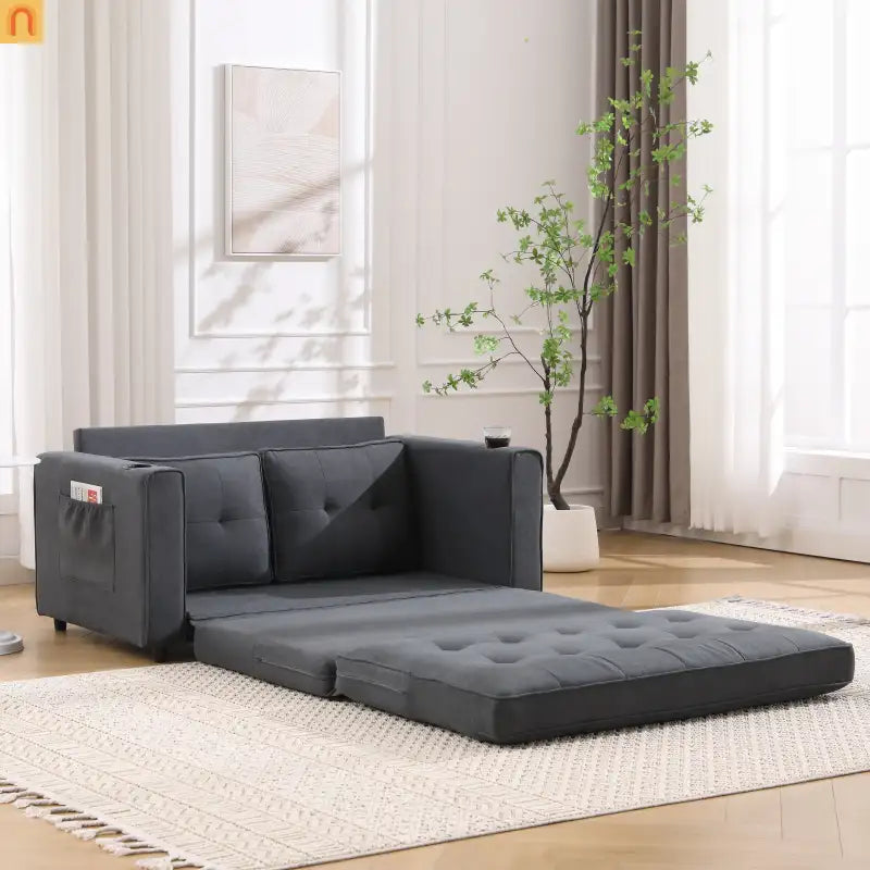Sofa Bed 3-in-1 Folding Tufted Fabric Dark Gray 55in
