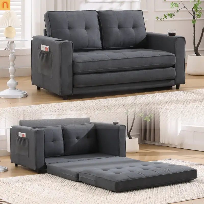 Sofa Bed 3-in-1 Folding Tufted Fabric Dark Gray 55in