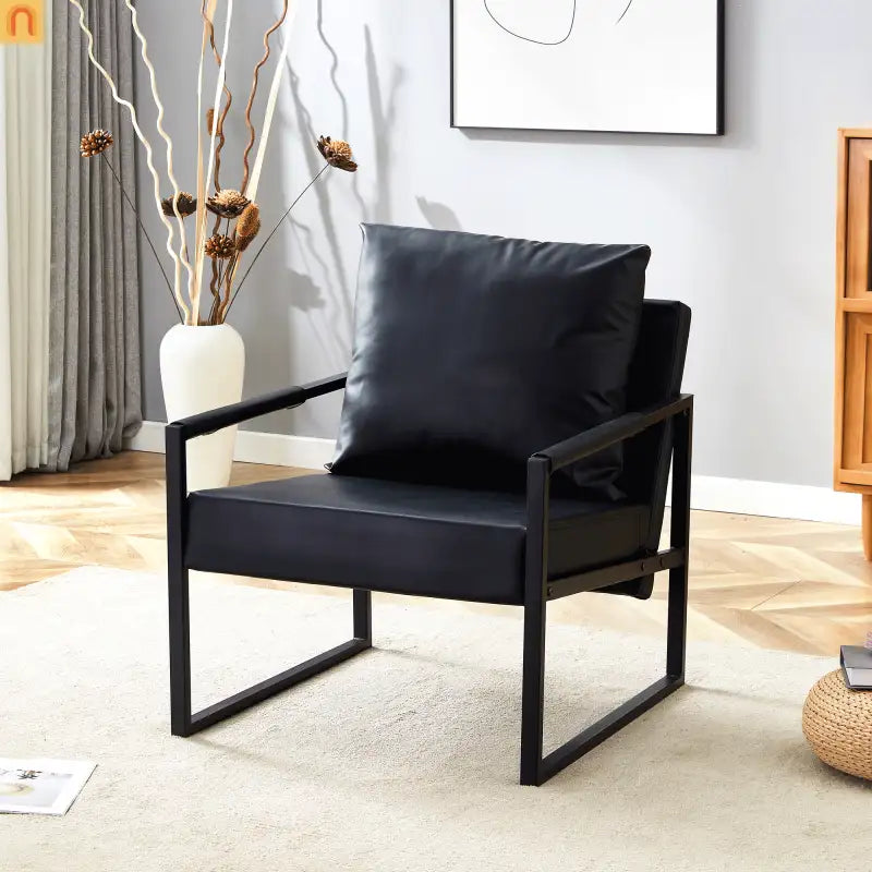 Chair Modern Industrial PU Leather Black Metal Frame 27in