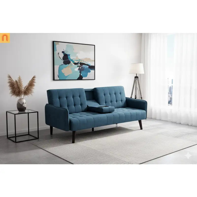Sofa Convertible Linen Blue 72in Drop-Down Table Cup Holder 250 lb