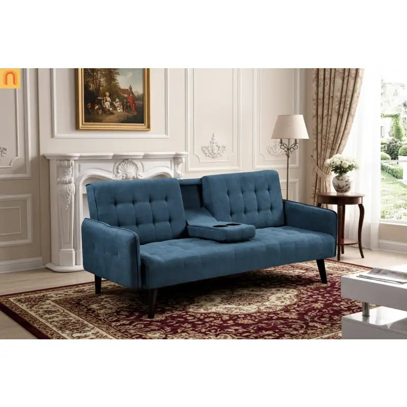 Sofa Convertible Linen Blue 72in Drop-Down Table Cup Holder 250 lb