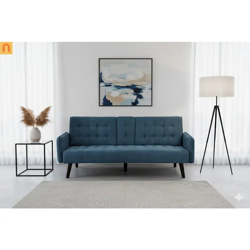 Sofa Convertible Linen Blue 72in Drop-Down Table Cup Holder 250 lb
