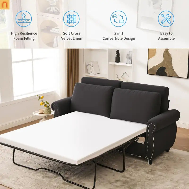 Mattress Memory Foam 3in Pull-Out Sofa Bed Dark Gray Linen Queen