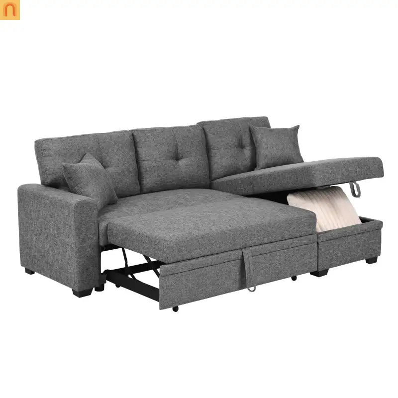 Sofa Sectional Polyester Gray Pull-Out Sleeper 76in Chaise Storage