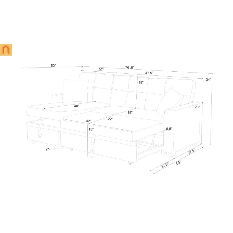 Sofa Sectional Polyester Gray Pull-Out Sleeper 76in Chaise Storage