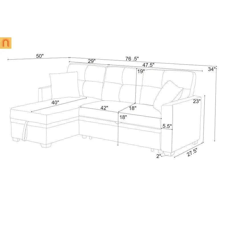 Sofa Sectional Polyester Gray Pull-Out Sleeper 76in Chaise Storage